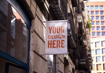 Mockup of building with customizable wall-mounted banner