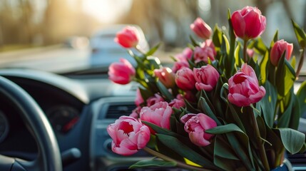 Tulips with bouquet on dashboard of car, Women's day, Valentine's Day, wedding, birthday, An offer of marriage