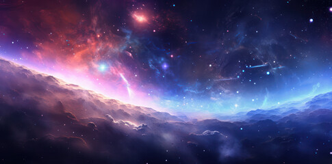 Landscape of an another planet, view of another planet with stars and nebulas, science fiction cosmic background. 