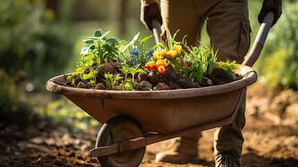 Gardener with Wheelbarrow: Carrying Seedlings Close-Up
