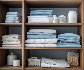 Obraz na płótnie Canvas Bathroom Essentials: Close-Up of Neatly Folded Towels and Cosmetics
