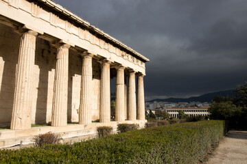 Side View of the Temple of Hephaestus located inside the Ancient Agora in Athens, Greece