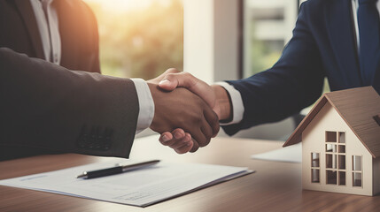 Real Estate Transaction: Business Handshake in Country House Mock-Up