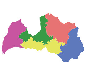 Latvia map. Map of Latvia divided into five main regions
