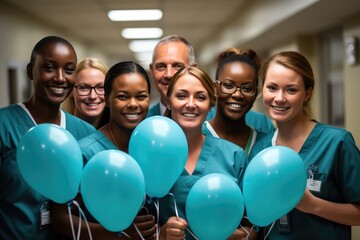 medical staff celebrates the holiday with balloons - obrazy, fototapety, plakaty