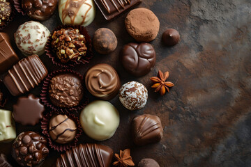 Fototapeta na wymiar Chocolate candies, white, dark and milk chocolate