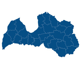 Naklejka premium Latvia map. Map of Latvia in administrative regions in blue color