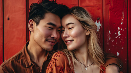 Portrait of a happy and beautiful Asian couple holding and embracing each others presences. Red clothes and background. Love, Valentine's and Chinese/Lunar New Year themed. Generative AI