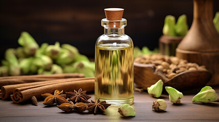bottle, jars of cardamom essential oil extract .