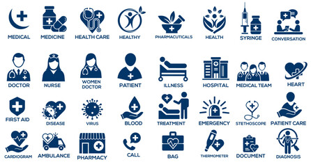medical, medicine, hospital, health, doctor, care, nurse, clinic, stethoscope, treatment, health care, emergency, pharmacy, illness, heart Icon set vector.
