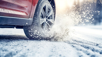 car's tire on a snowy road, with snowflakes scattering around as the vehicle moves, highlighting the interaction between tire treads and the winter conditions - obrazy, fototapety, plakaty