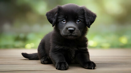 Cute black puppy in the wooden floor