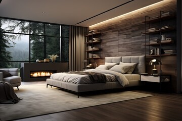 Modern and cozy bedroom with an electric fireplace
