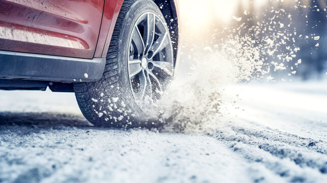 car's tire on a snowy road, with snowflakes scattering around as the vehicle moves, highlighting the interaction between tire treads and the winter conditions