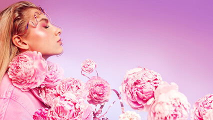 Horizontal profile portrait of sensual woman with pink peony around neck and metallic mask