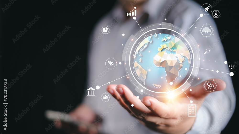 Wall mural businessman using mobile smart phone with cloud computing diagram show on hand. business global inte