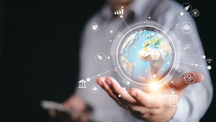 Businessman using mobile smart phone with cloud computing diagram show on hand. Business global internet connection application technology and digital marketing, Financial and banking, big data.