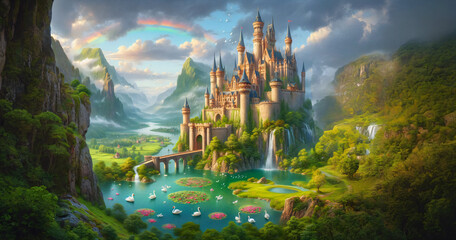 Castle and Rainbow by the Lake,A scenic view of a majestic castle with a rainbow, a serene lake with swans, and lush greenery,Generative AI