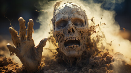Obraz premium scary Halloween skull, Zombie hand emerging from the earth during the day