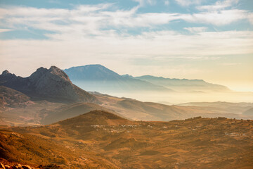 Beautiful and idyllic panoramic landscape of the Montes de Málaga Natural Park, Andalucia, Spain,...