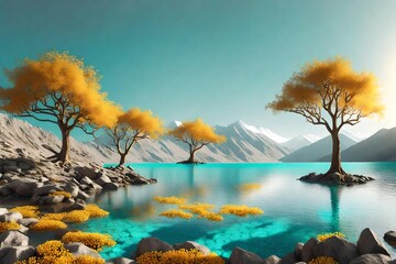 3d illustration wallpaper landscape art. brown trees with golden flowers and turquoise mountains in light gray background with white clouds. - Powered by Adobe
