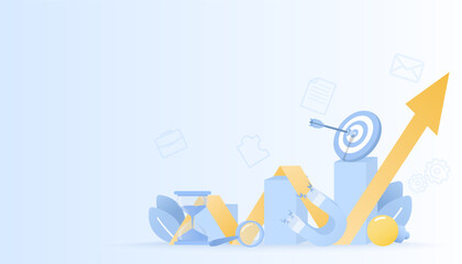 Business ideas concept. Variety elements of business startup, growth, goal setting, strategy management, tactical planning, creative thinking to achieve success. Vector illustration with copy space.