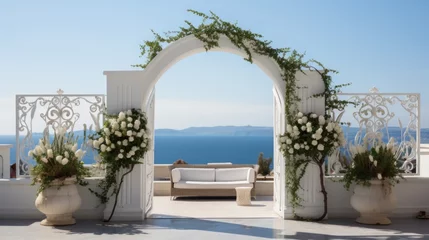 Rolgordijnen view of arched gate with a view to the sea beach living santorini island style  © lublubachka