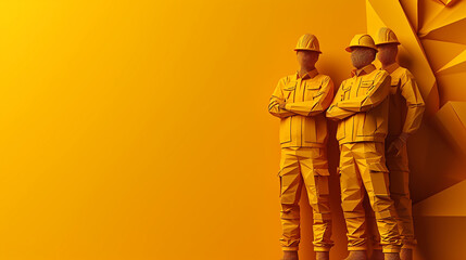 Simple construction workers or industrial workers with origami background concept. Plain background with copy-space on the side. - obrazy, fototapety, plakaty