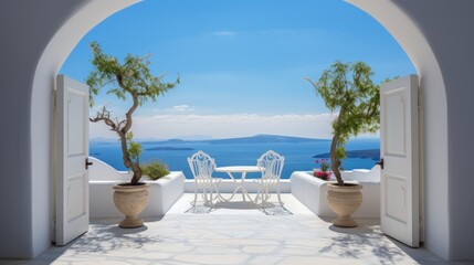 view of arched gate with a view to the sea beach living santorini island style  - obrazy, fototapety, plakaty