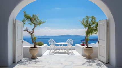 Foto op Canvas view of arched gate with a view to the sea beach living santorini island style  © lublubachka