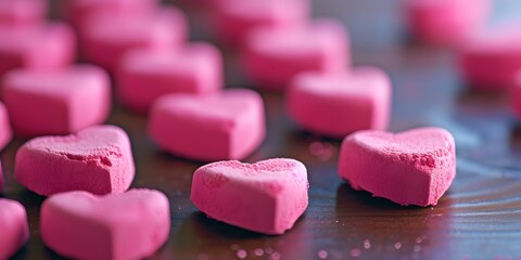 Obraz na płótnie Canvas Arranged grid of pink candy hearts for valentine's day web background - generative ai