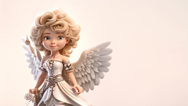 Cute Happy Cupid with wings on white background. Happy Valentine's day, baby angel 3D Rendering Animation, 4k video Copy space. Romantic design for Valentine Love