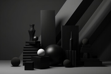 Still life of stacked aesthetic objects 3d black realistic abstract background