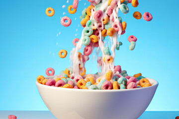 Fruit Loops Cascading into Milk Colorful fruit loops cereal falling into a white bowl, creating a splash in the milk. Vibrant and fun breakfast scene, isolated on a light blue background Generative AI