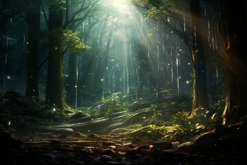 Mysterious beams of light trate the lush foliage of the mystical forest providing Fantasy art concept