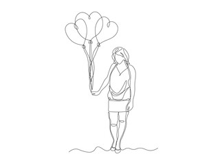 Abstract girl with heart shaped balloons, gift,love ,continuous one line art hand drawing sketch