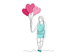 Abstract girl with heart shaped balloons, gift,love ,continuous one line art hand drawing sketch