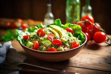 Quinoa Salad with Avocado and Tomatoes Fresh quinoa salad bowl with sliced avocado, cherry tomatoes, and leafy greens, served in a rustic kitchen setting.  Generative AI,