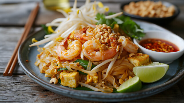 Pad Thai the strtt food of Thailand noodles with shrimp topping with peanut and vegetable likes beansprouts, garlic chive and coriander.