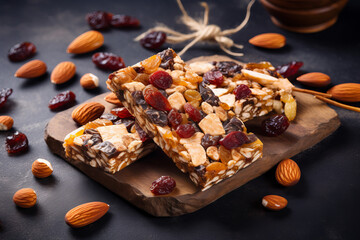 Raw Energy Bars with Nuts and Dates Homemade raw energy bars made with nuts, dates, and oats, neatly arranged on a natural stone surface. Nutritious snack concept . Generative AI,
