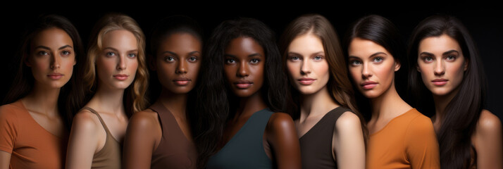 Fototapeta premium Portrait of multiethical young women standing in a row. Horizontal banner
