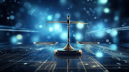 Unbiased artificial intelligence, Scales of Justice in Digital World Concept. Digital illustration Scales on futuristic blue data network background. Fairness and equality in ethical AI systems