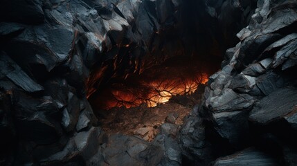 Lava Tube Cave Interior with Glowing Light. A mysterious view inside a dark lava tube cave illuminated by the natural glow of molten lava beneath the earth's surface.