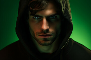 Studio portrait of a brutal brunette man looking intently and cautiously at the camera from under a black hood. Green background. People and emotions 