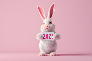 Fototapeta premium Frohes Osterfest 2026: Illustration eines fröhlichen Osterhasen mit Schild