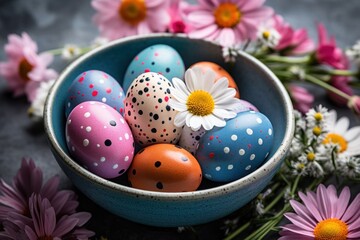 Obraz na płótnie Canvas colorful easter eggs with small flowers and grasses, in the style of elaborate fruit arrangements, dreamy color palette