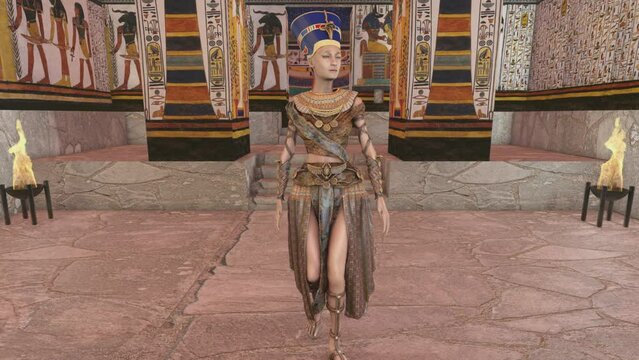 Queen Nefertiti in Tomb with old wall paintings in ancient Egypt. Historical 3d animation.