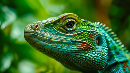 Ein smaragdgrüner Leguan, eingebettet in die üppige Kulisse eines tropischen Regenwaldes, wird im Detail festgehalten. - obrazy, fototapety, plakaty