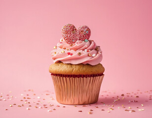 Cupcake covered in heart shaped sprinkles on a pastel pink background, pink, red and gold colors 