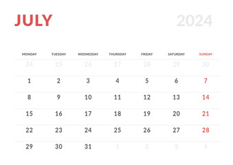Monthly page Calendar Planner Templates of July 2024. Vector layout of simple calendar with week start Monday for print. Page for size A4 or 21x29.7 cm